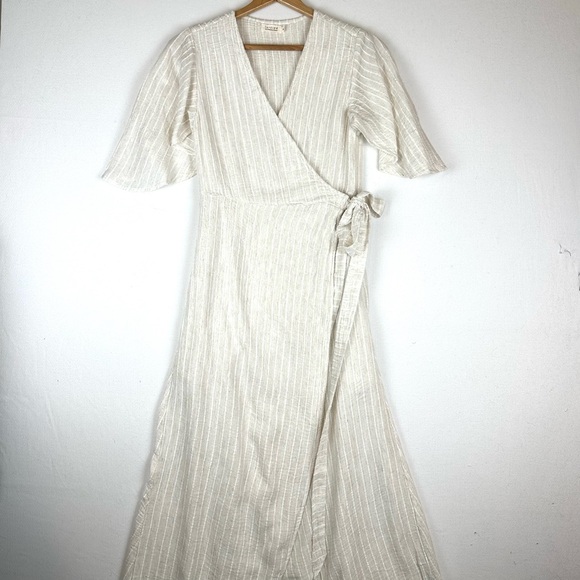 Lu ciee Natural Stripe Linen Blend Wrap Midi Dress Minimalist Classic Chic - Picture 2 of 14